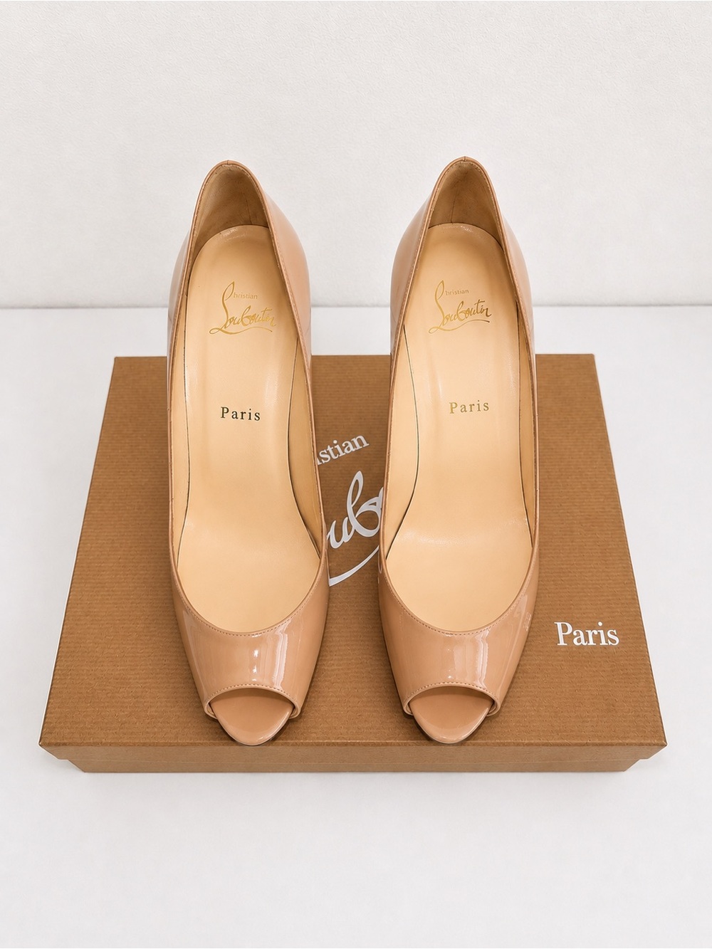 Christian Louboutin Beige Patent Leather Peep-Toe Pumps